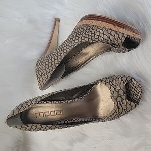MODA SPANA Tan Gray Snakeskin Print Peep Toe Cork Platform Office Date Heels 8.5